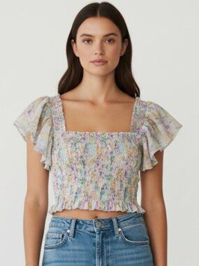 LoveShackFancy Wallace Smock Top Floral Pastel Ruffle Crop Blouse M